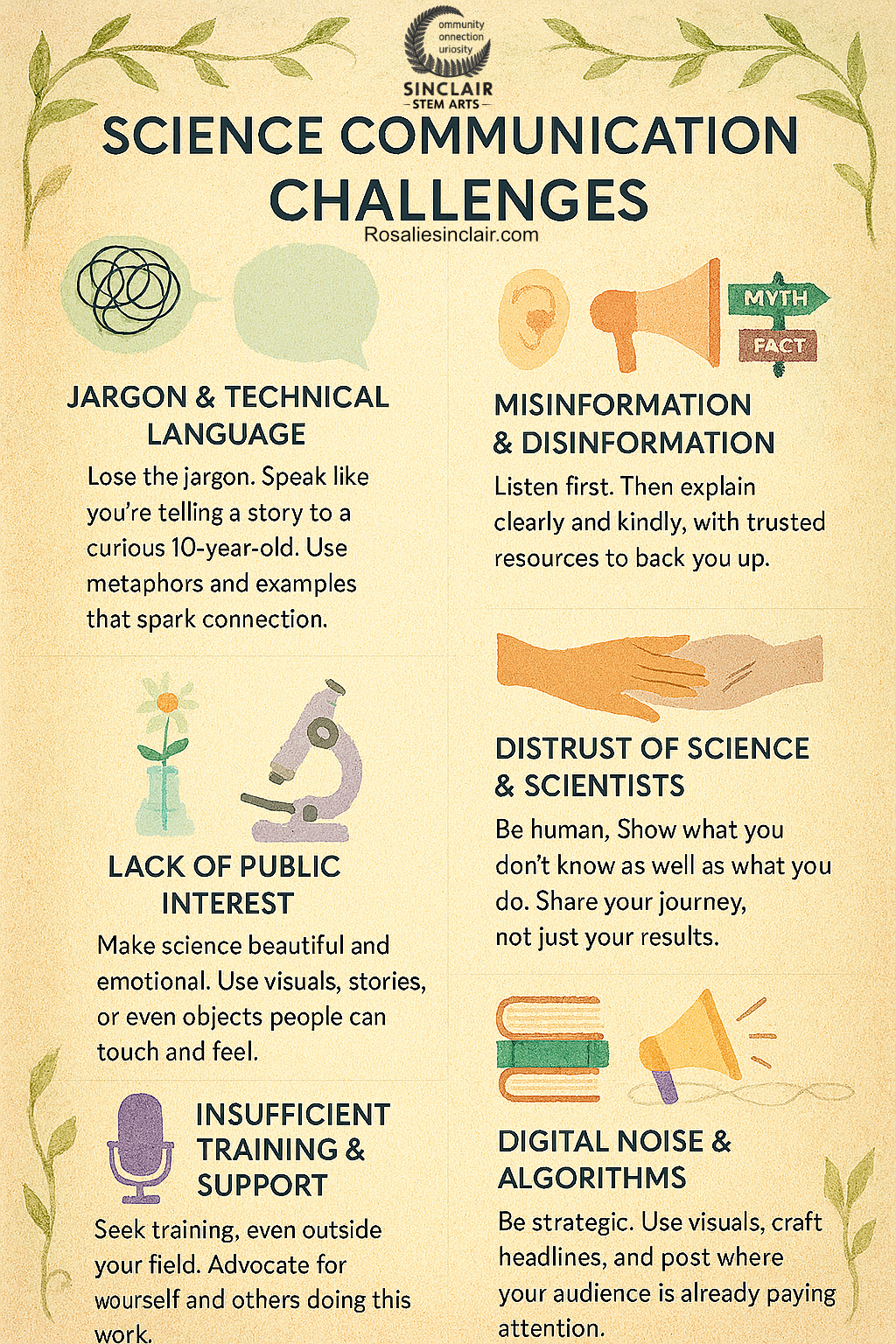 An infographic titled “Science Communication Challenges” with six illustrated sections: Jargon & Technical Language, Misinformation & Disinformation, Lack of Public Interest, Distrust of Science & Scientists, Insufficient Training & Support, and Digital Noise & Algorithms. Each section includes a tip to overcome the challenge and is decorated with watercolor-style botanical borders and simple icons. The footer includes the name Rosalie Sinclair and Sinclair STEM Arts.
